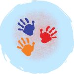 Colorful handprints on blue background