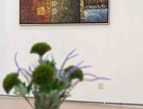 Abstract art with flowers in foreground