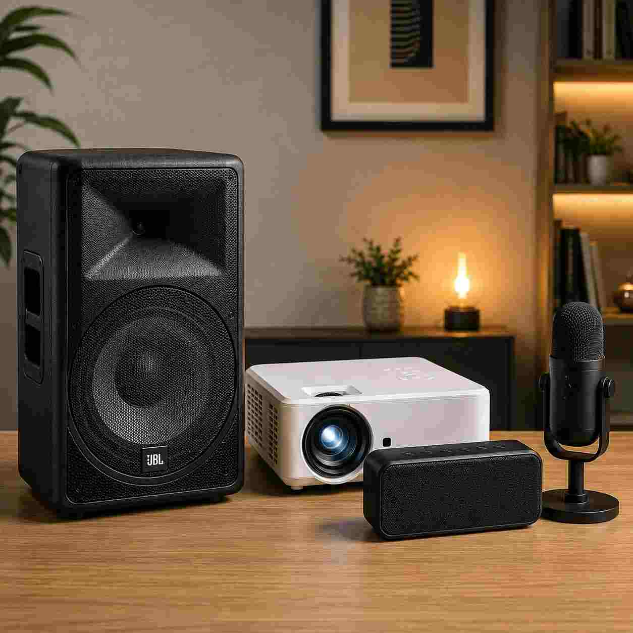 Projector speakers microphones party equipment